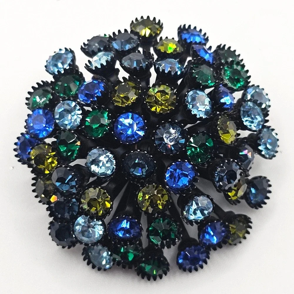 Vtg Rhinestone Brooch Dome Cluster Japanned Peacock Blue Green Statement 2